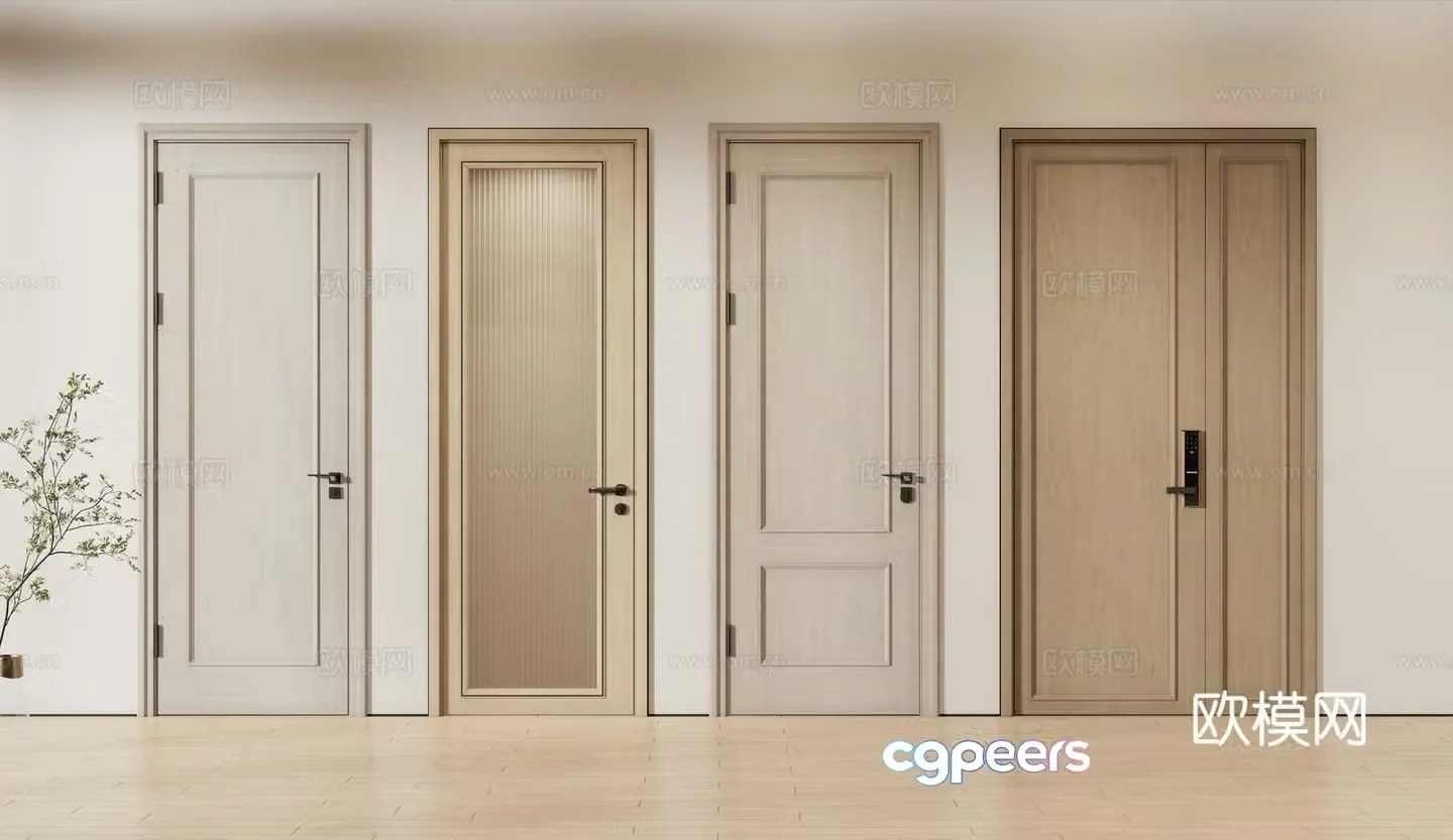 New Chinese style single door double door room door wooden door 3D model