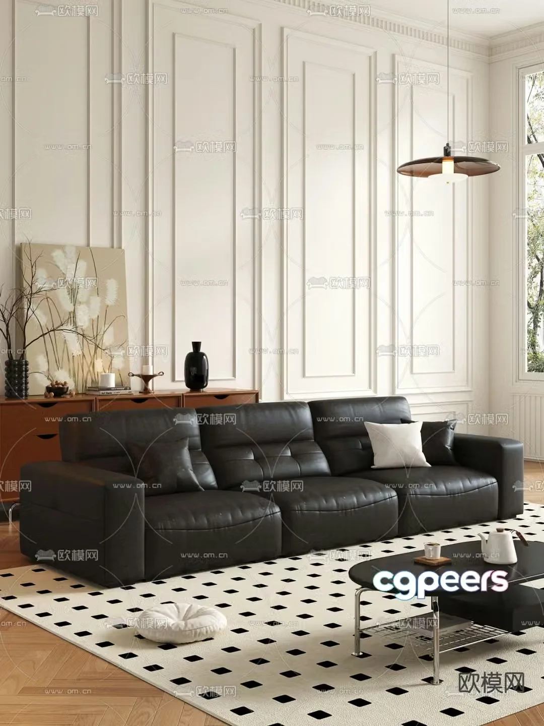 Three-seat sofa leather sofa multi-person sofa 3d model