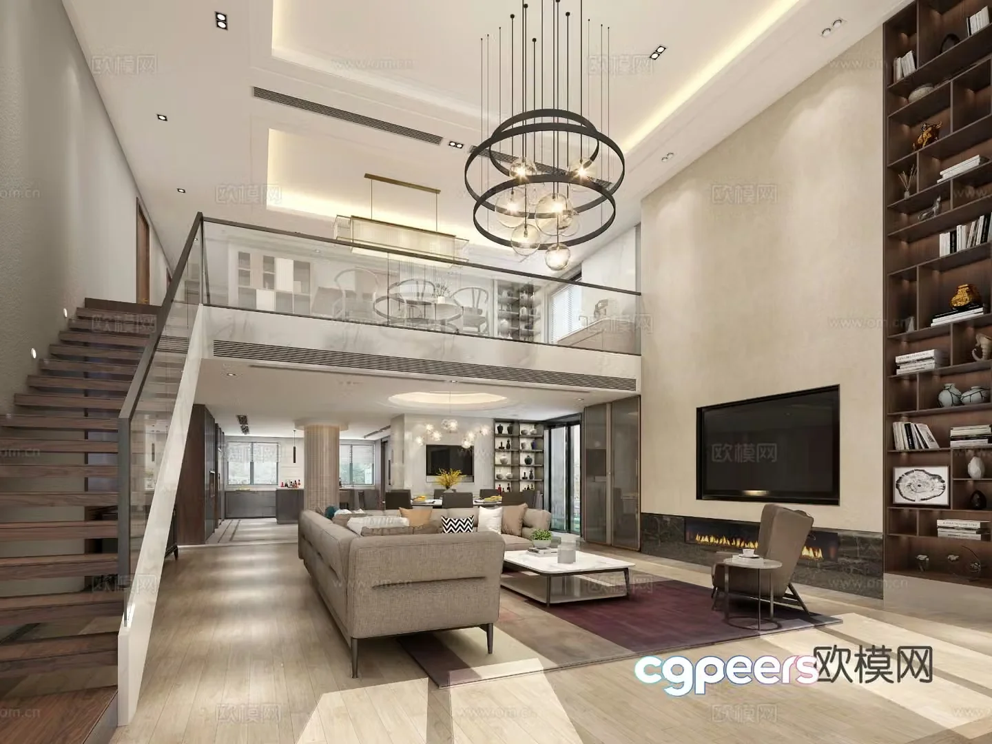 Modern villa guest dining room loft living room 3D model