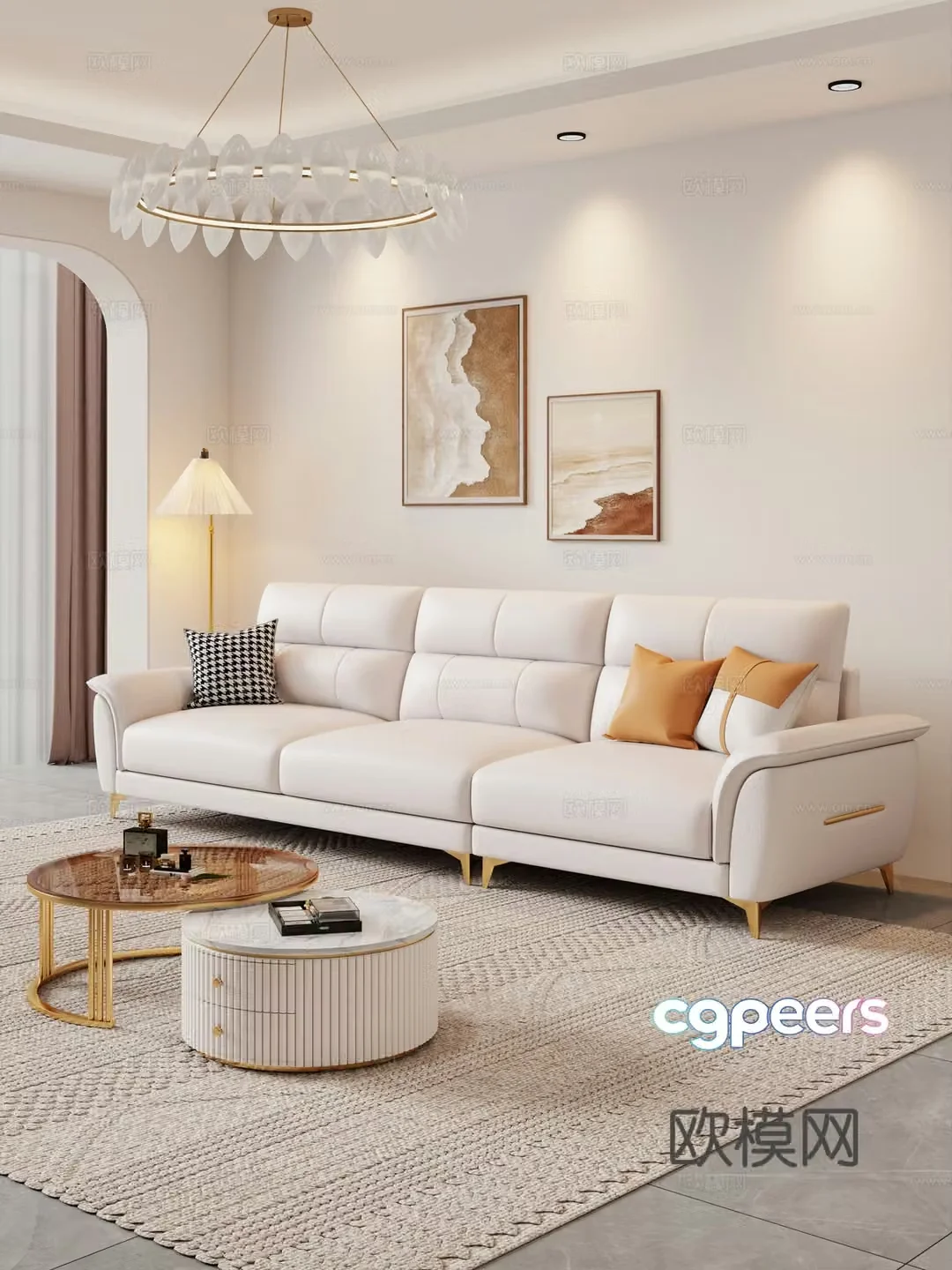 Creamy living room modern simple home living room sofa coffee table combination fabric sofa storage cabinet 3d model
