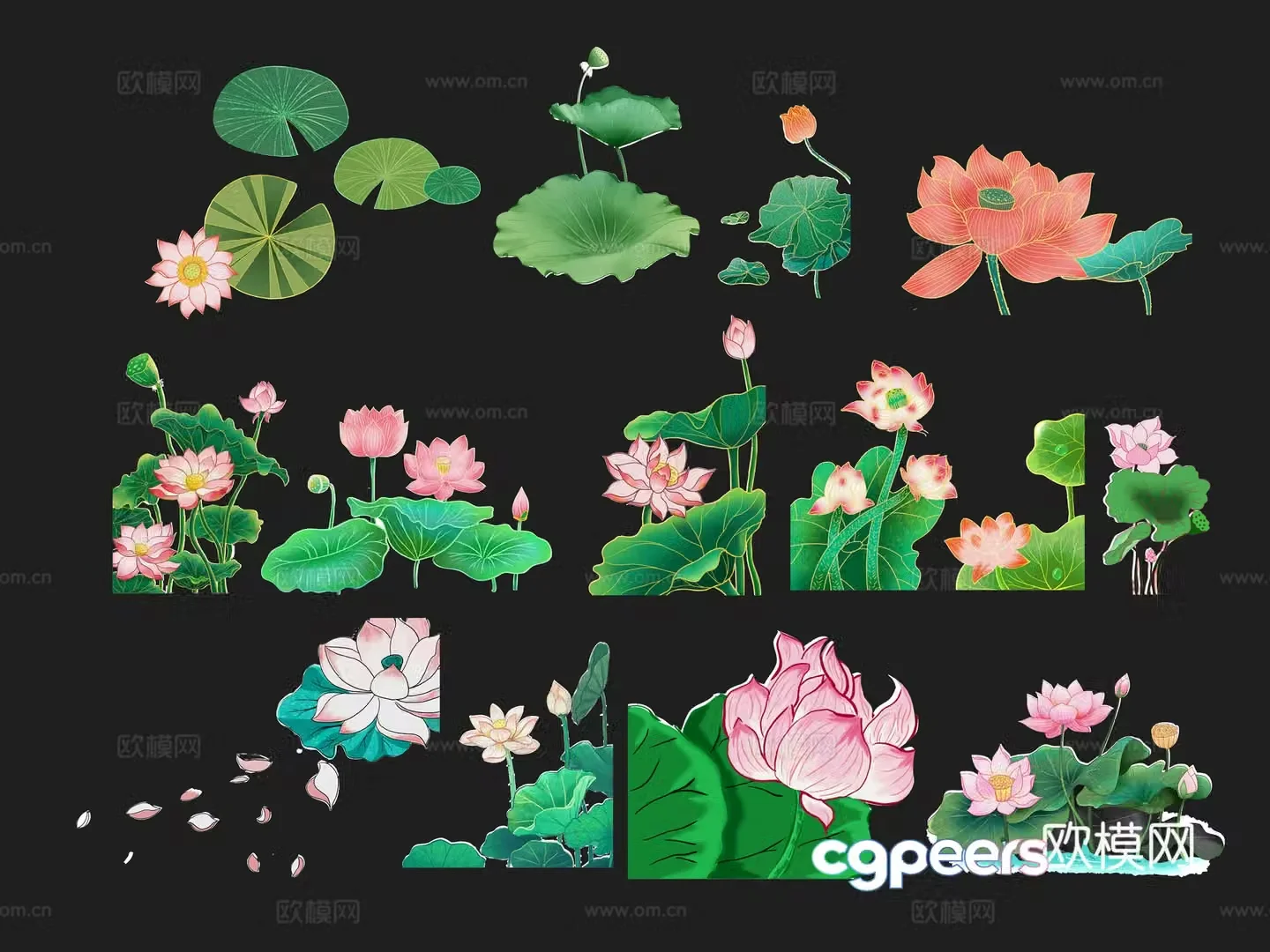 National tide carving plant silhouette lotus lotus leaves flowers national style carp fish 3d model