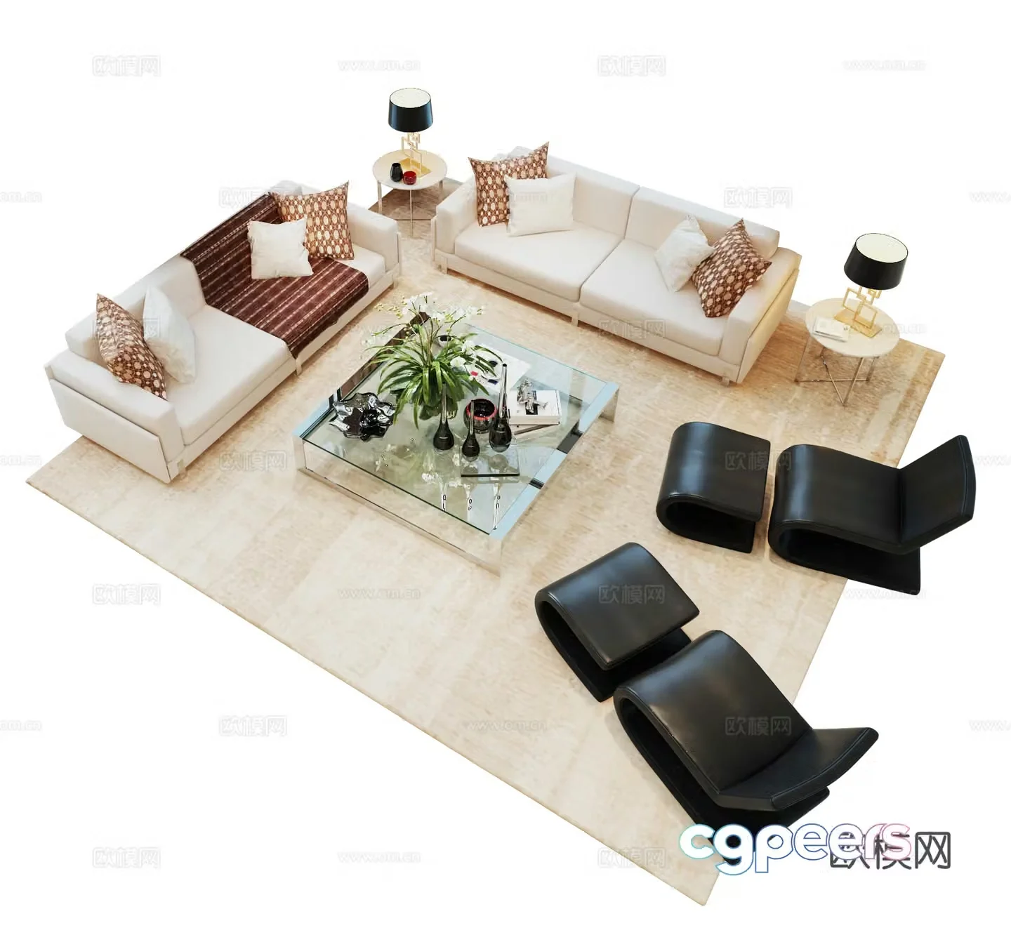 Modern light luxury villa sofa multi-person sofa square glass coffee table leather lounge chair simple sofa 3D model