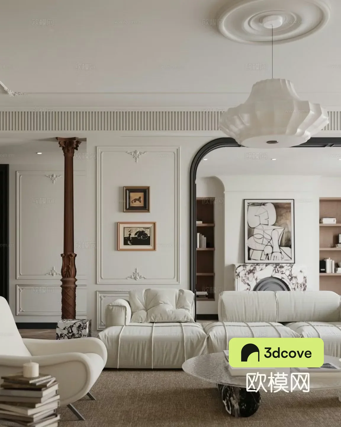 Modern French horizontal hall Light French living room Fireplace Roman column Gypsum line Chest of drawers