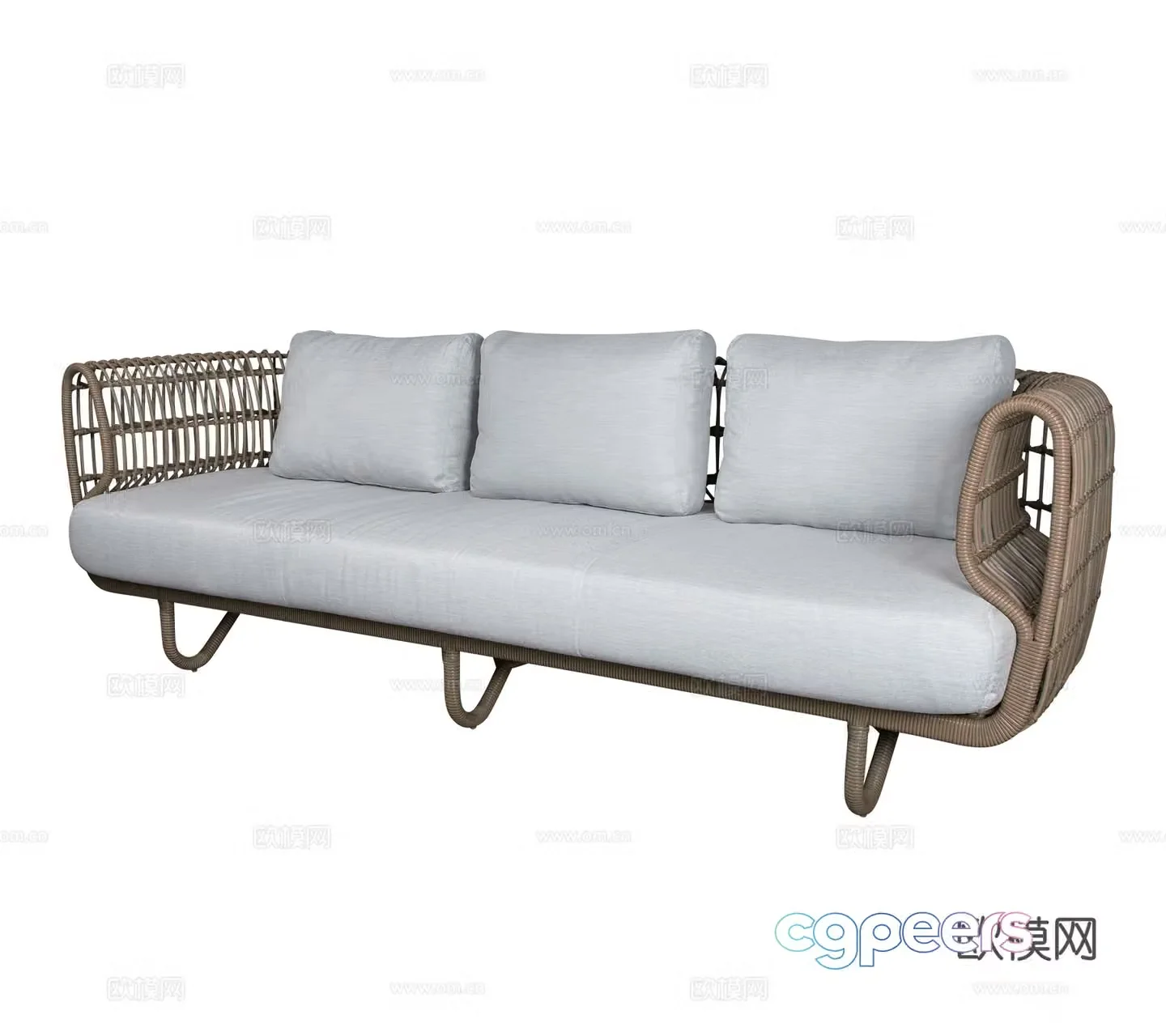 Modern outdoor courtyard garden terrace furniture New Chinese three-person sofa Rattan bamboo weaving sofa combination 3D model