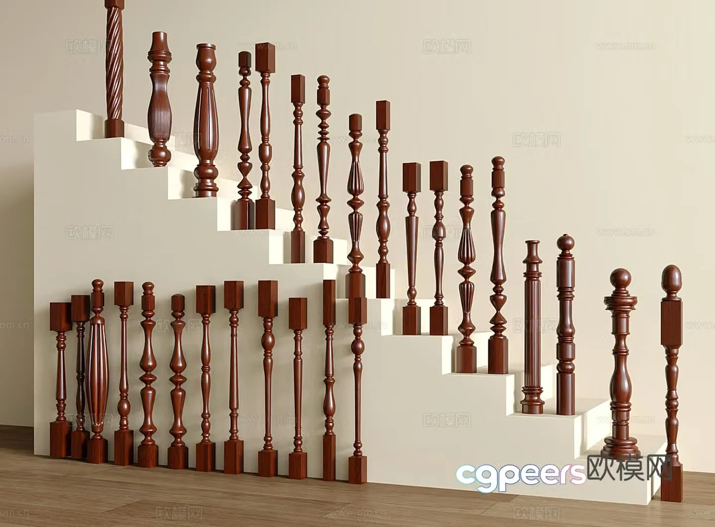 Simple European style stair railing solid wood stair column handrail Baofei guardrail 3D model