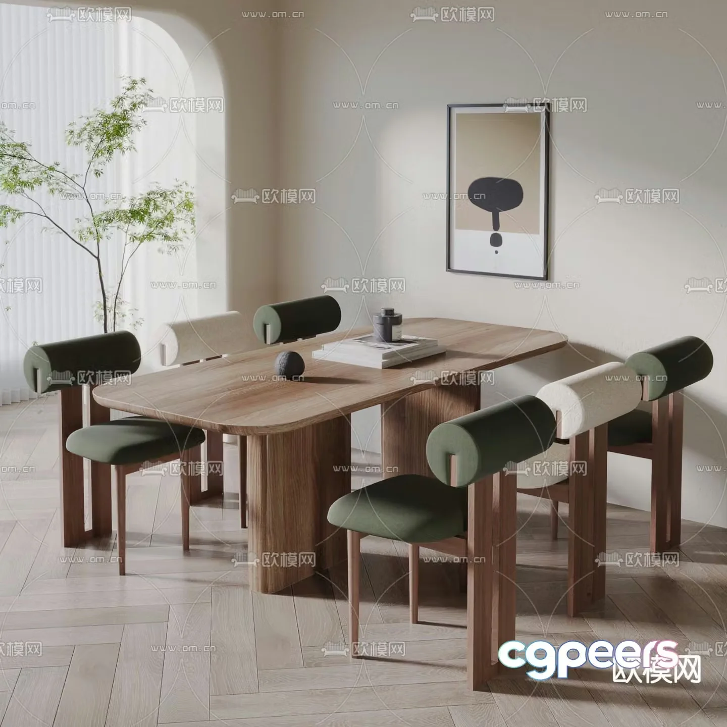 Nordic dining table and chairs Log dining table 3d model