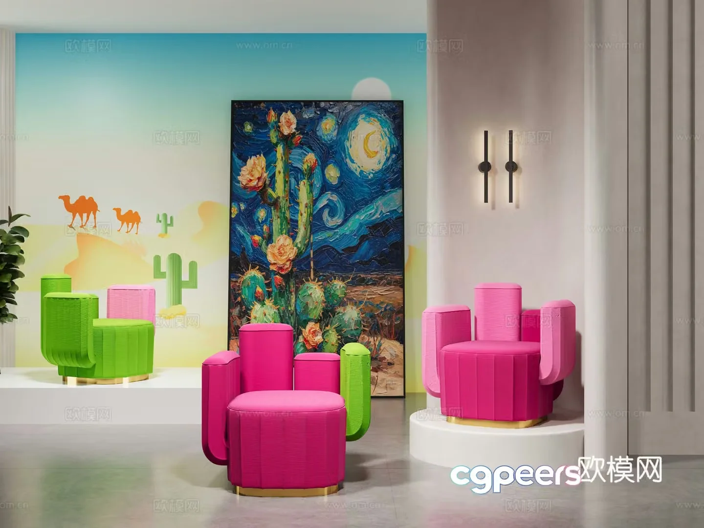 Modern casual sofa chair cactus shape sofa dopamine color matching sofa personalized creative sofa chair soft bag 3d model