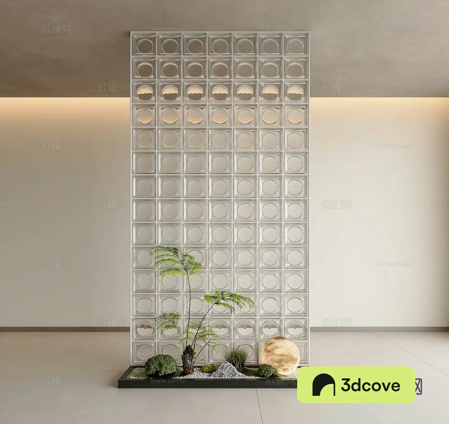 Modern interior landscape Patio interior landscape Entrance landscape Green plant landscape Glass brick