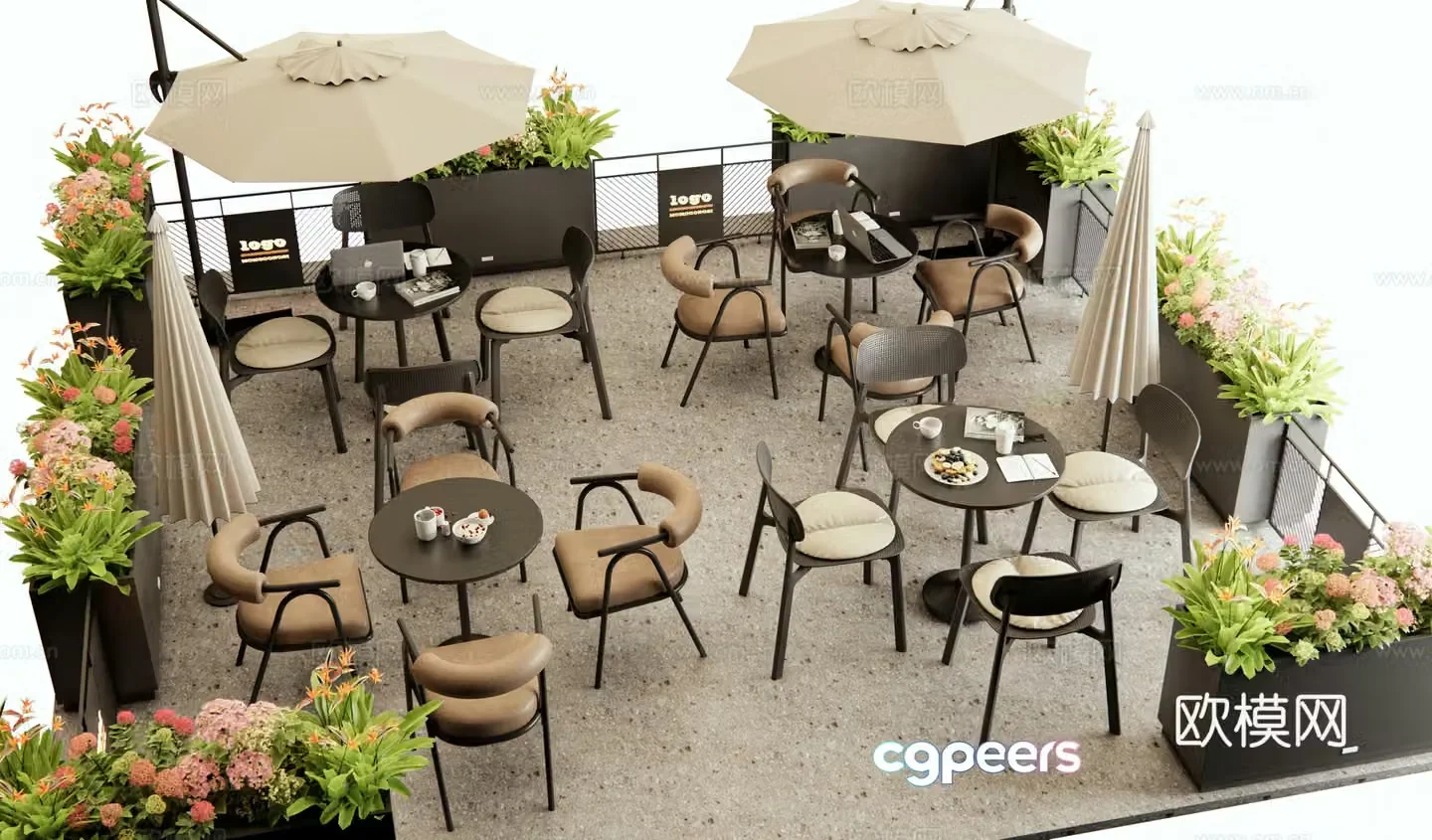 Modern commercial outdoor area cafe outdoor table and chairs flower box fence negotiation table and chair 3D model
