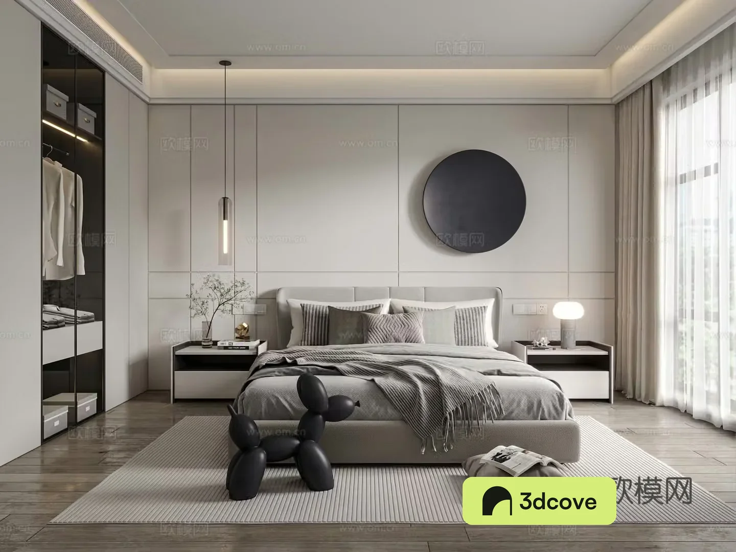 Modern bedroom Master bedroom Double bed Wardrobe Bedside table Carpet Hanging paintings Ornaments