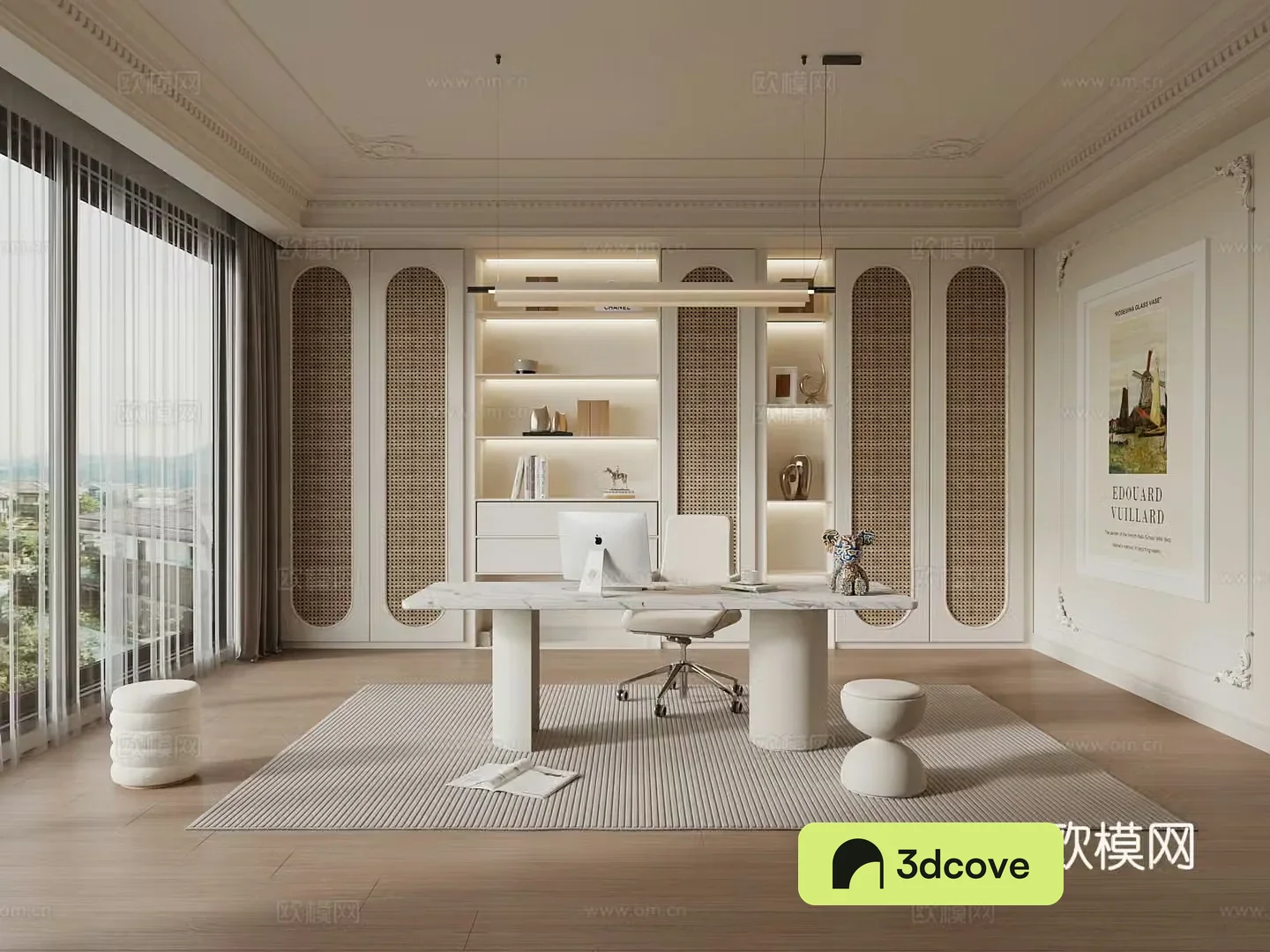French Creamy Study Room Desk and Chair Bookcase