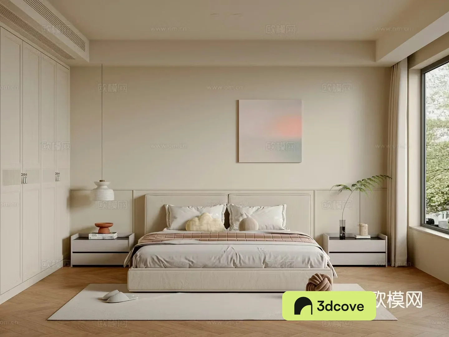 Modern creamy bedroom master bedroom double bed wardrobe dressing table hanging painting