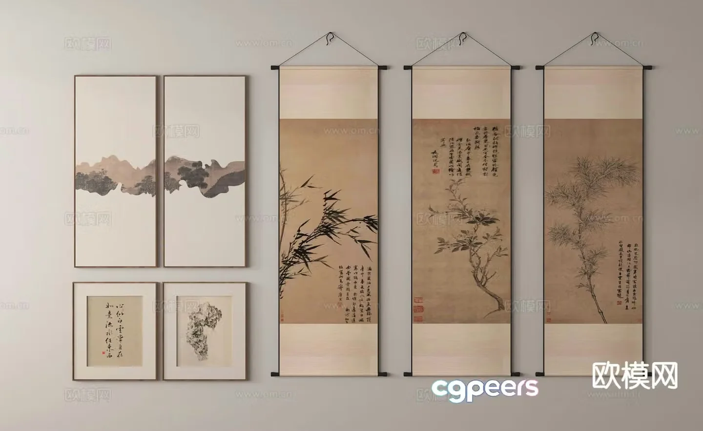 New Chinese style hanging paintings scroll paintings ink paintings 3D model
