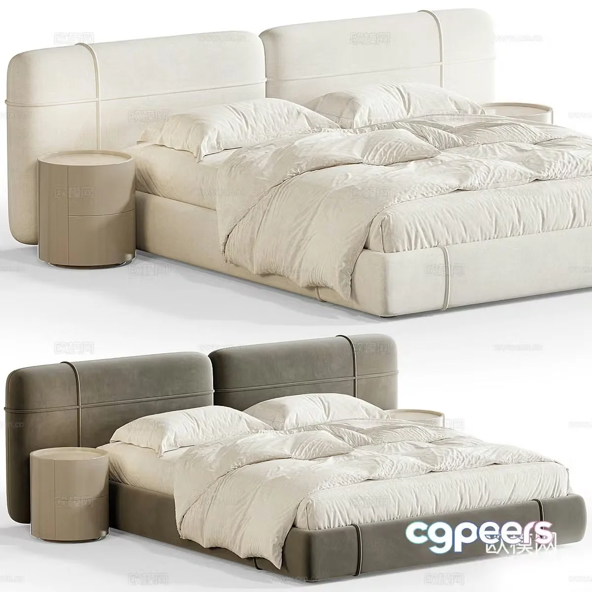 Modern cream style fabric double bed 3d model