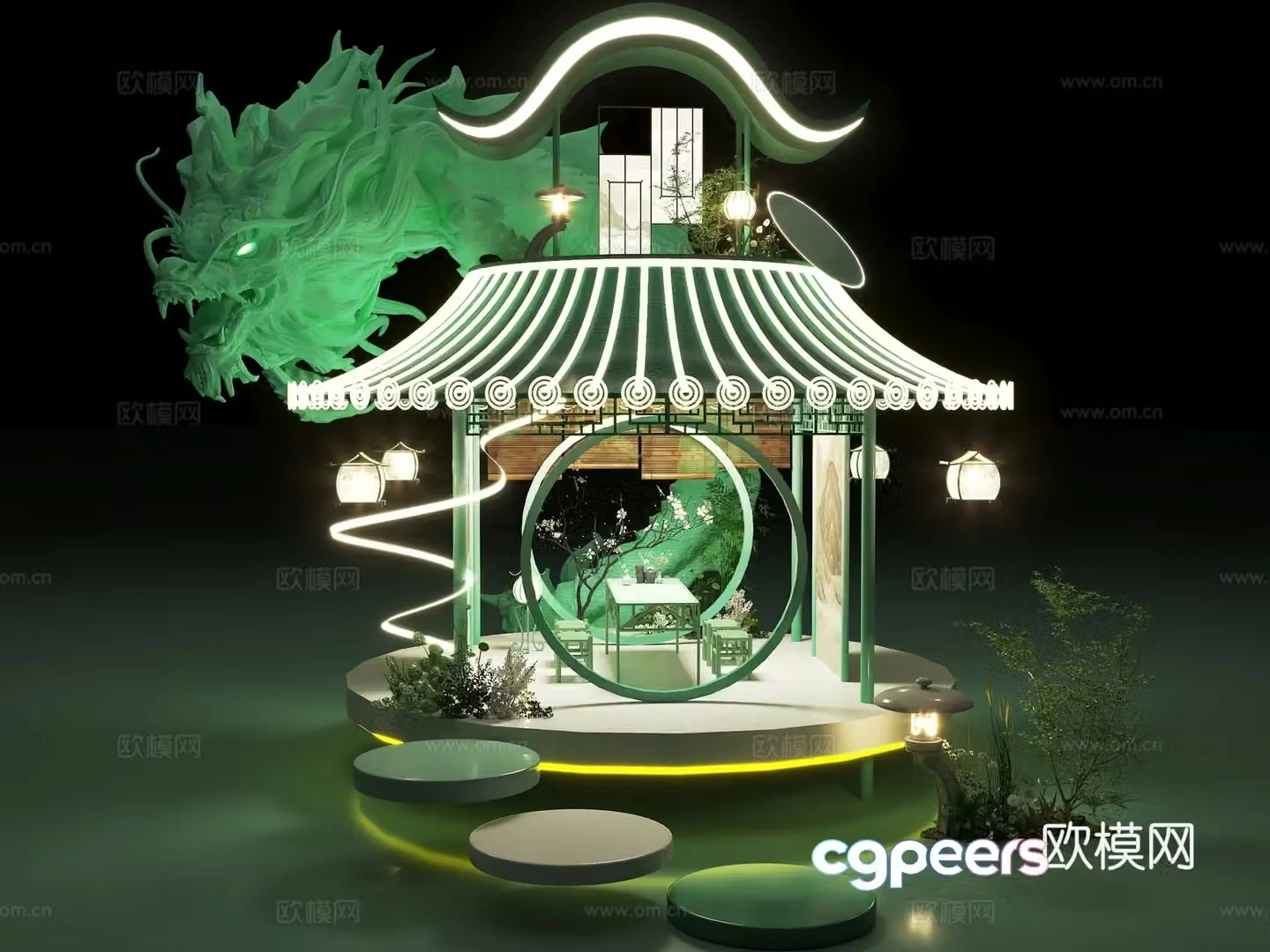 Chinese style beauty pavilion night view luminous pavilion 3d model
