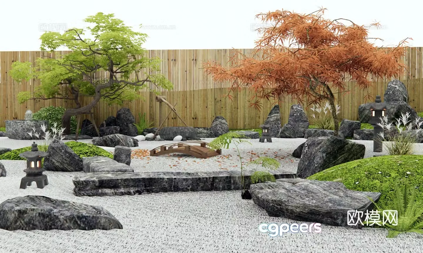 Japanese style dry landscape courtyard landscape stone red maple landscape tree feather maple water bowl stone 3d model