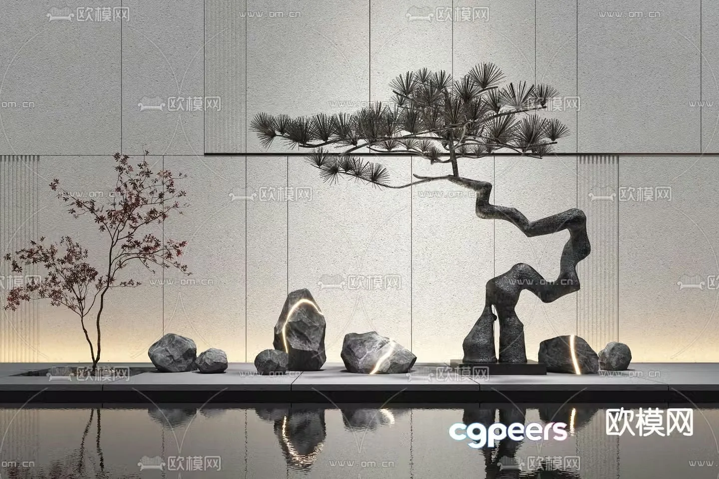 Rockery Pine Tree Sketch Lobby Waterscape 3D Model