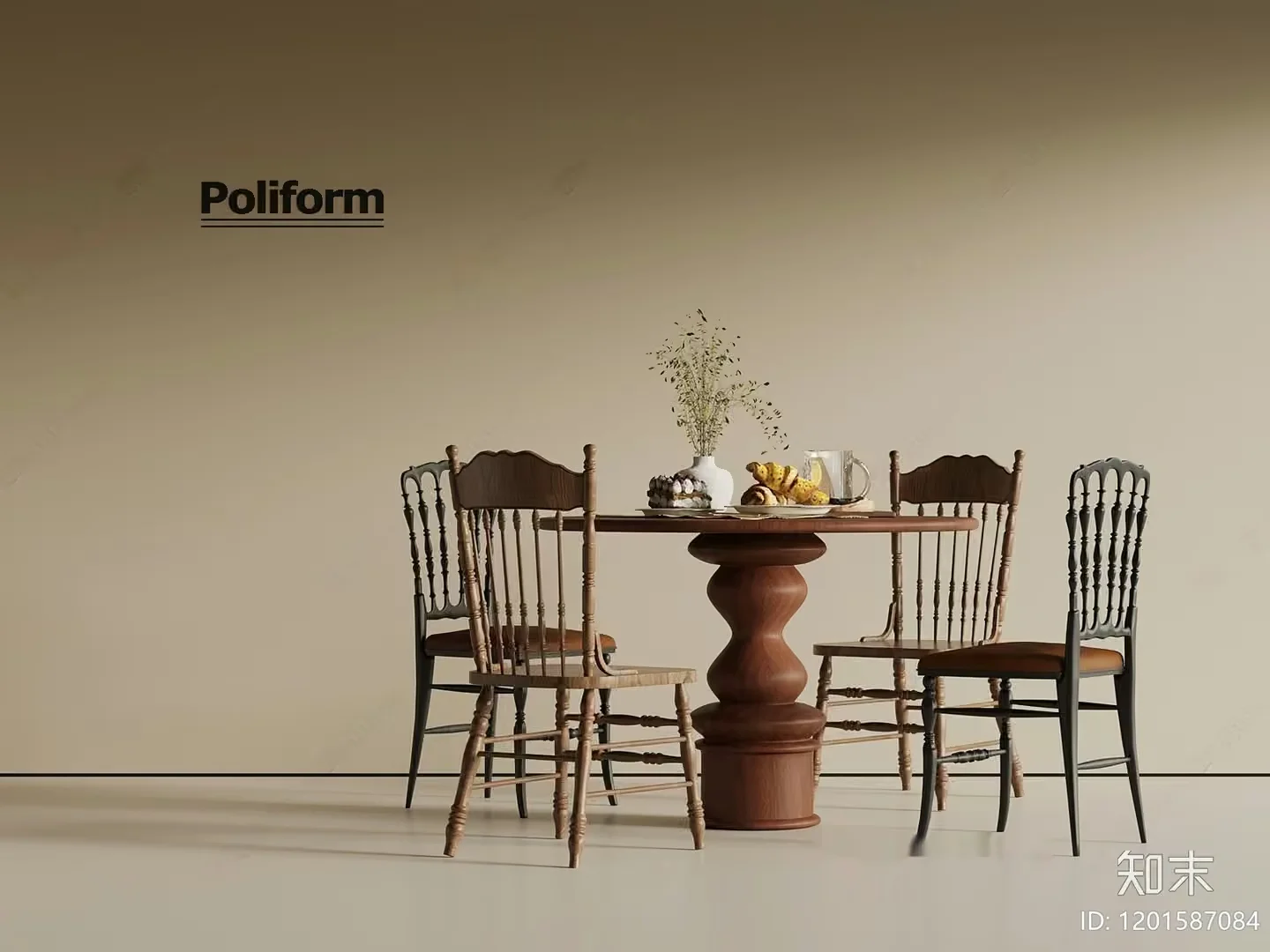 A Wooden Dining Table With Four Chairs 3D Model – 14582 – VRAY Render