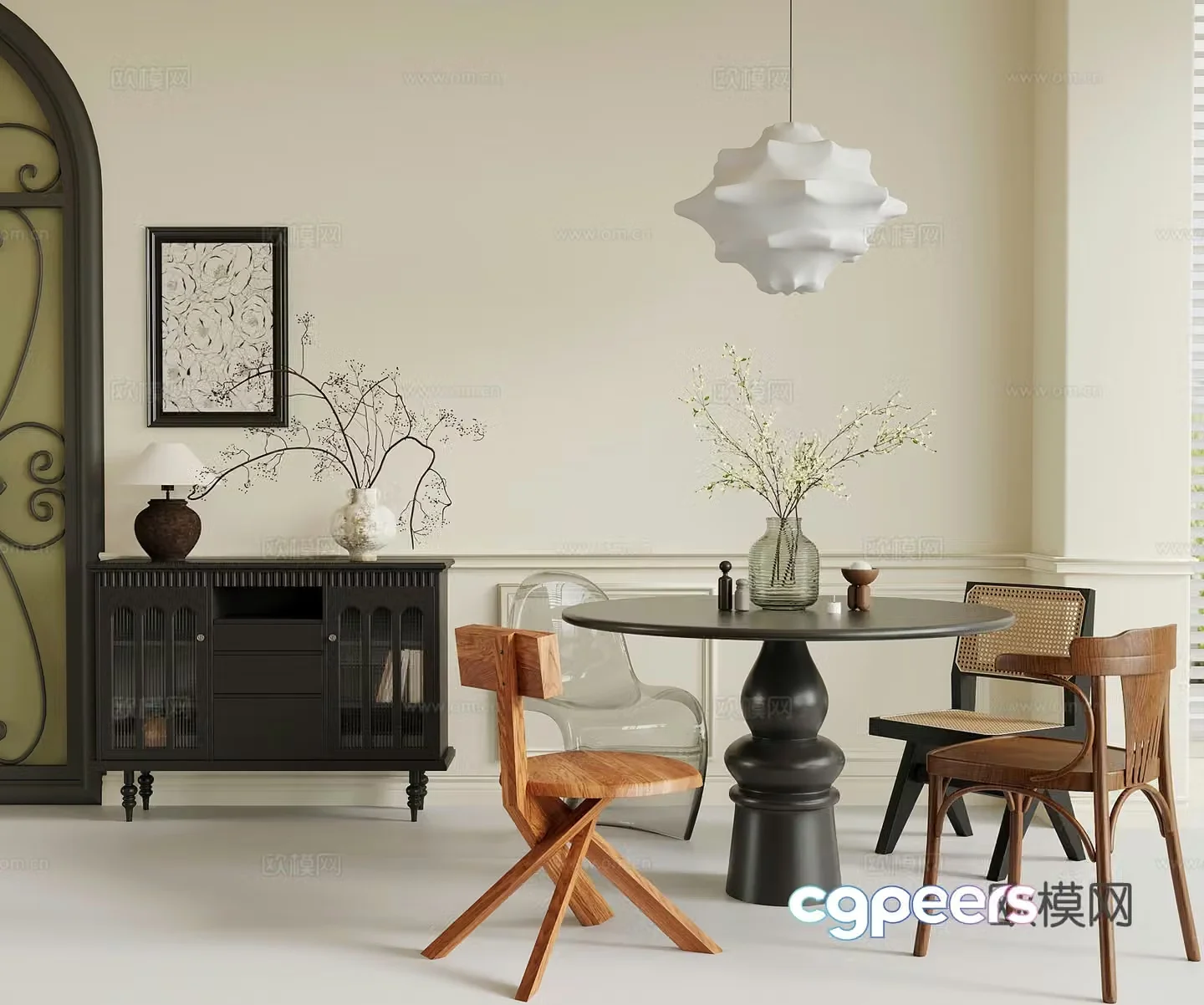 Restaurant French retro style restaurant Dining table and chair combination Sideboard Green plants Chandelier 3D model
