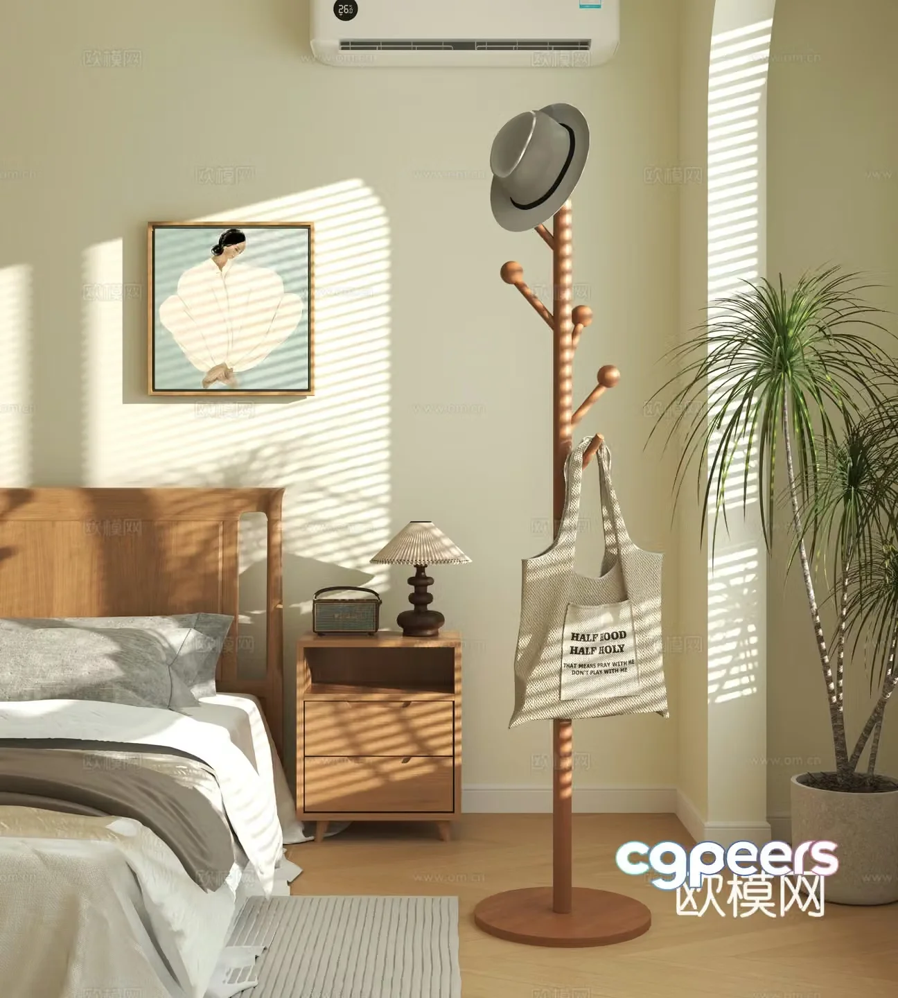 Modern clothes hanger chest of drawers bedside table green plant potted 3D model