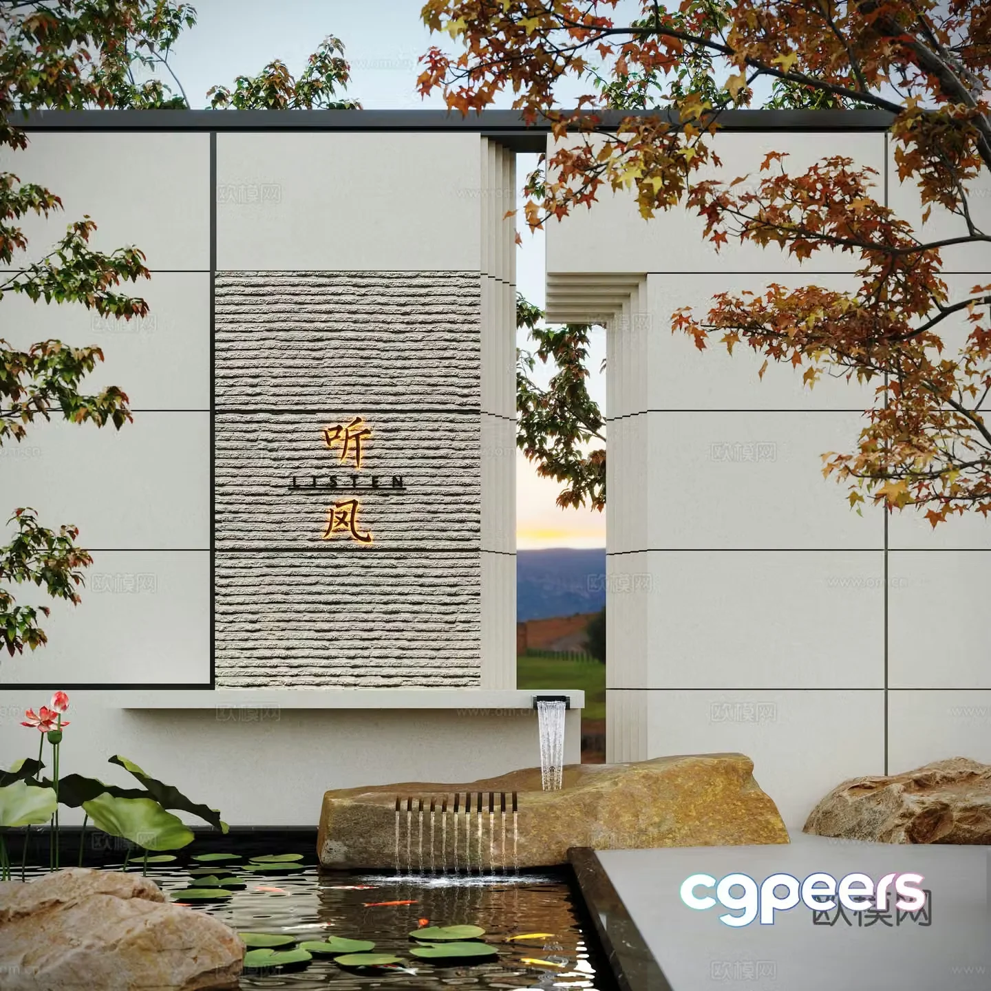 Modern water landscape courtyard waterscape stacked water fish pond landscape wall 3d model