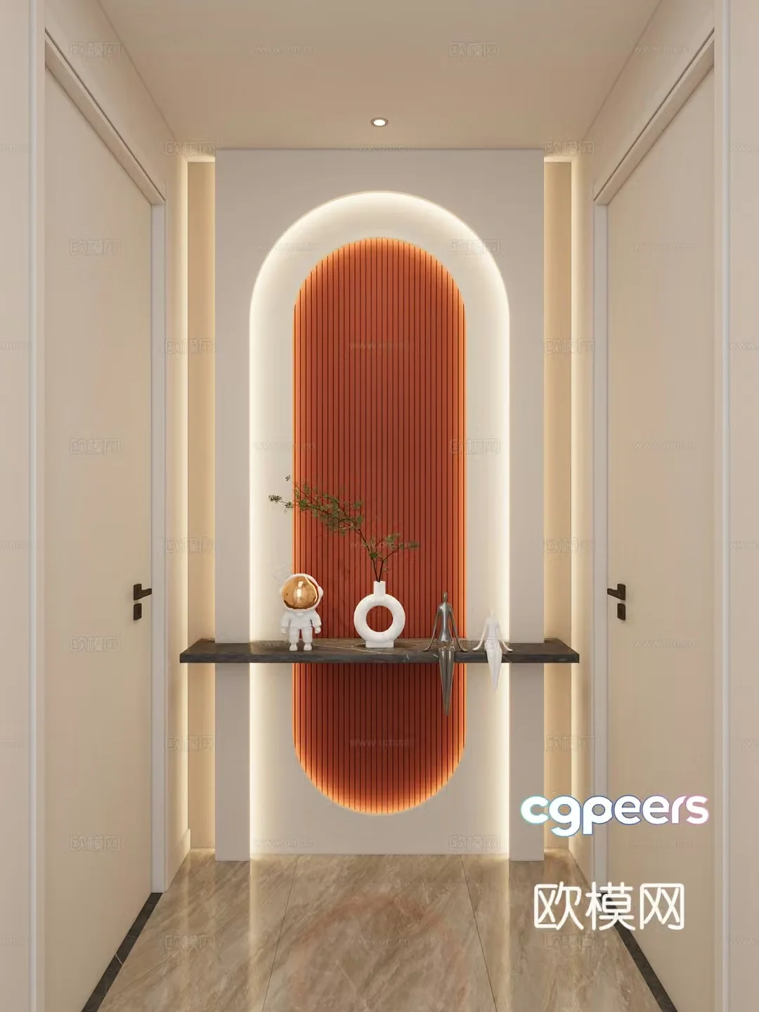 Cream Simple Style Arc Lighting Grille Corridor End View Entrance Entrance 3D Model