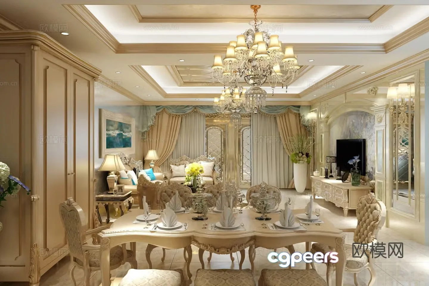 European style living restaurant chandeliers multi-person sofas coffee tables TV cabinets ornaments 3D model of hanging paintings
