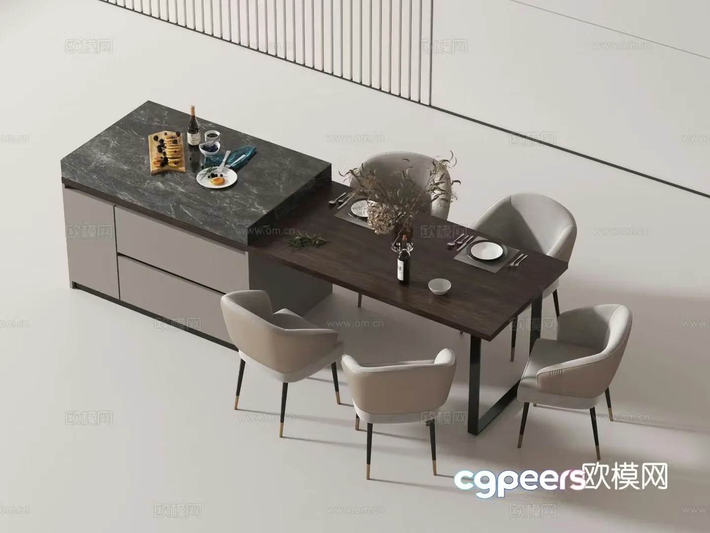 Modern island table dining table and chairs 3d model