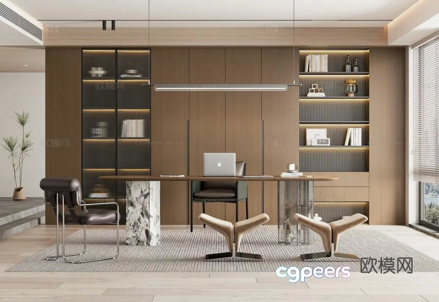 Modern Italian study bookcase desk and chair combination chandelier lazy sofa 3D model