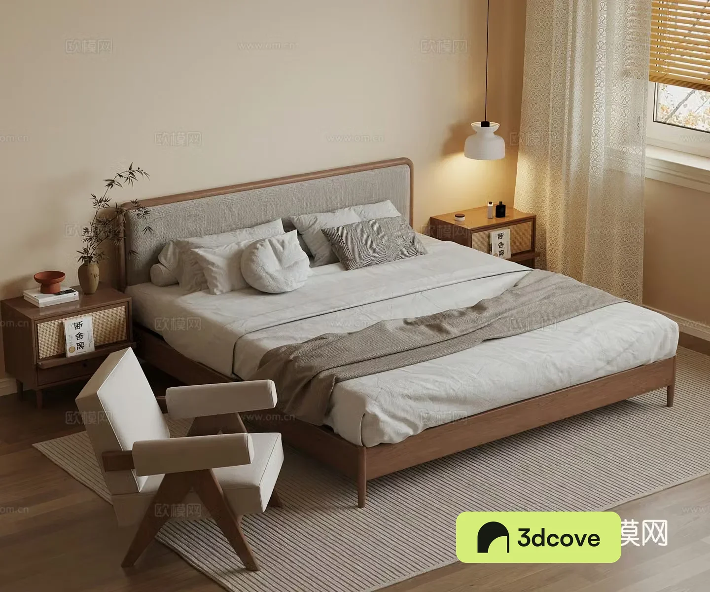 Middle style double bed nightstand chandelier 3d model
