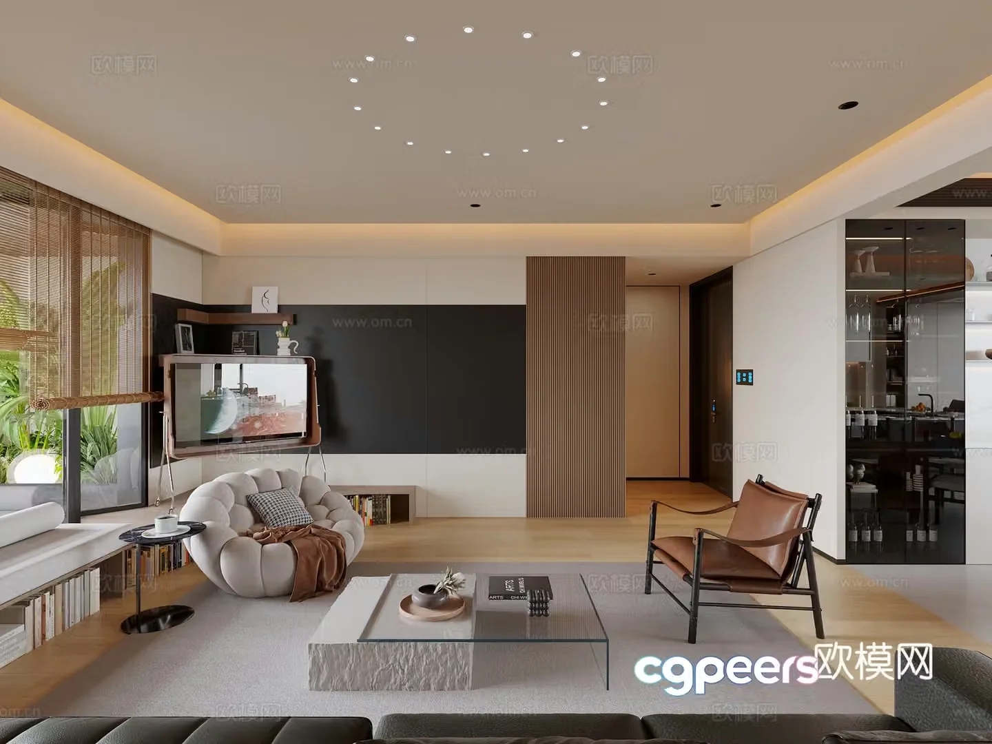 Modern retro living room sofa coffee table combination single chair curved floor cabinet mobile TV set 3D model