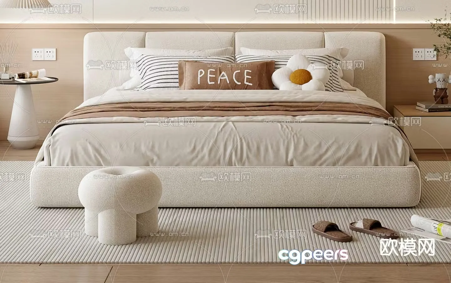 Cream style double bed 3d model