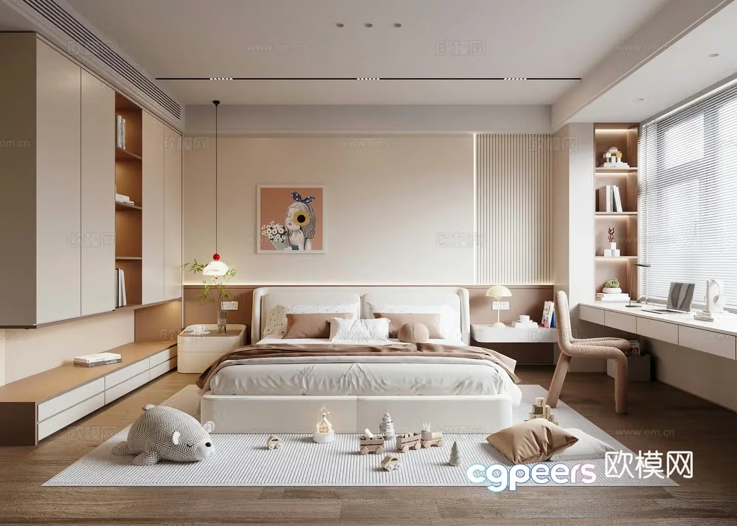 Modern creamy children’s room girls room double bed wardrobe 3d model