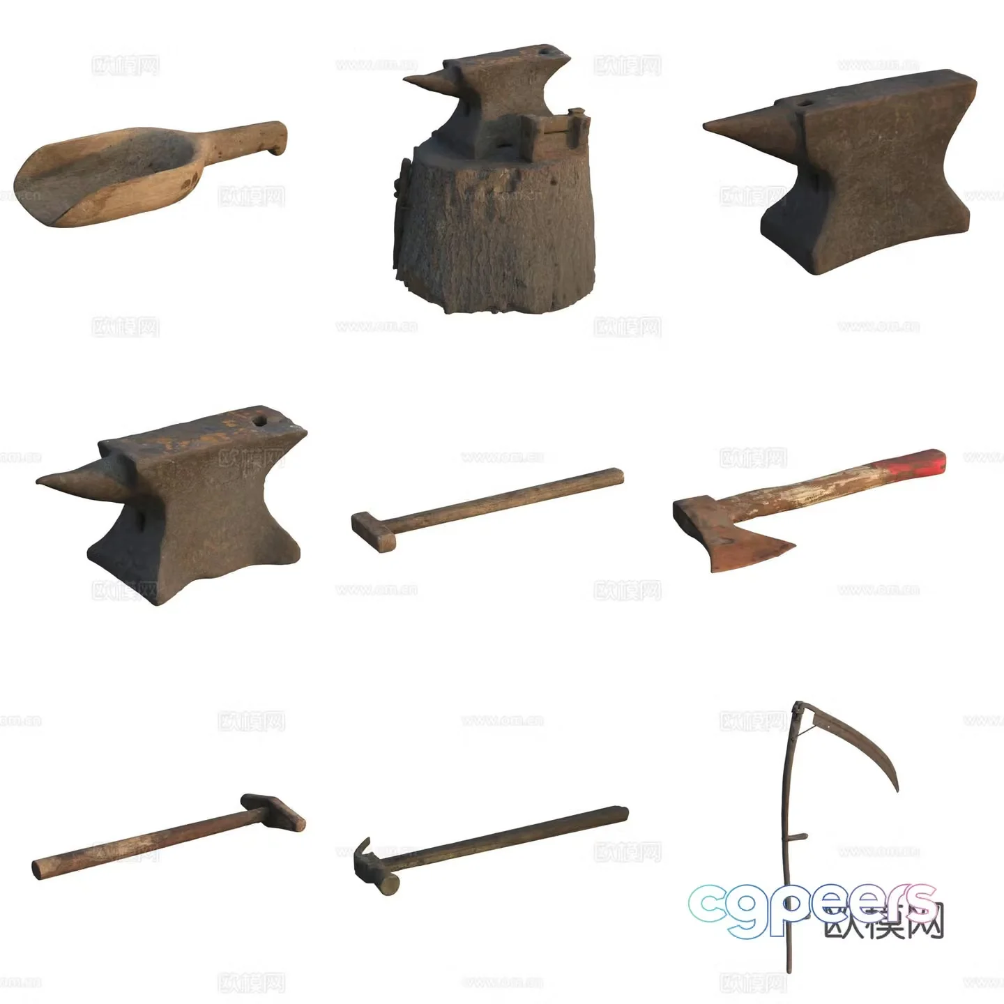 Farm tool axe pick head water scoop hammer sickle 3d model
