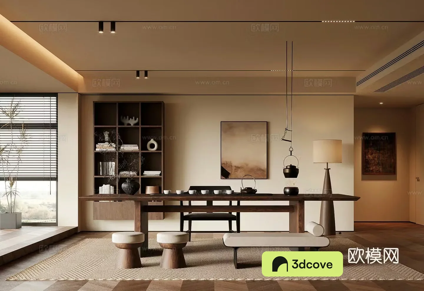 Middle-aged tea room tea table and chair tea set storage rack floor lamp 3D model