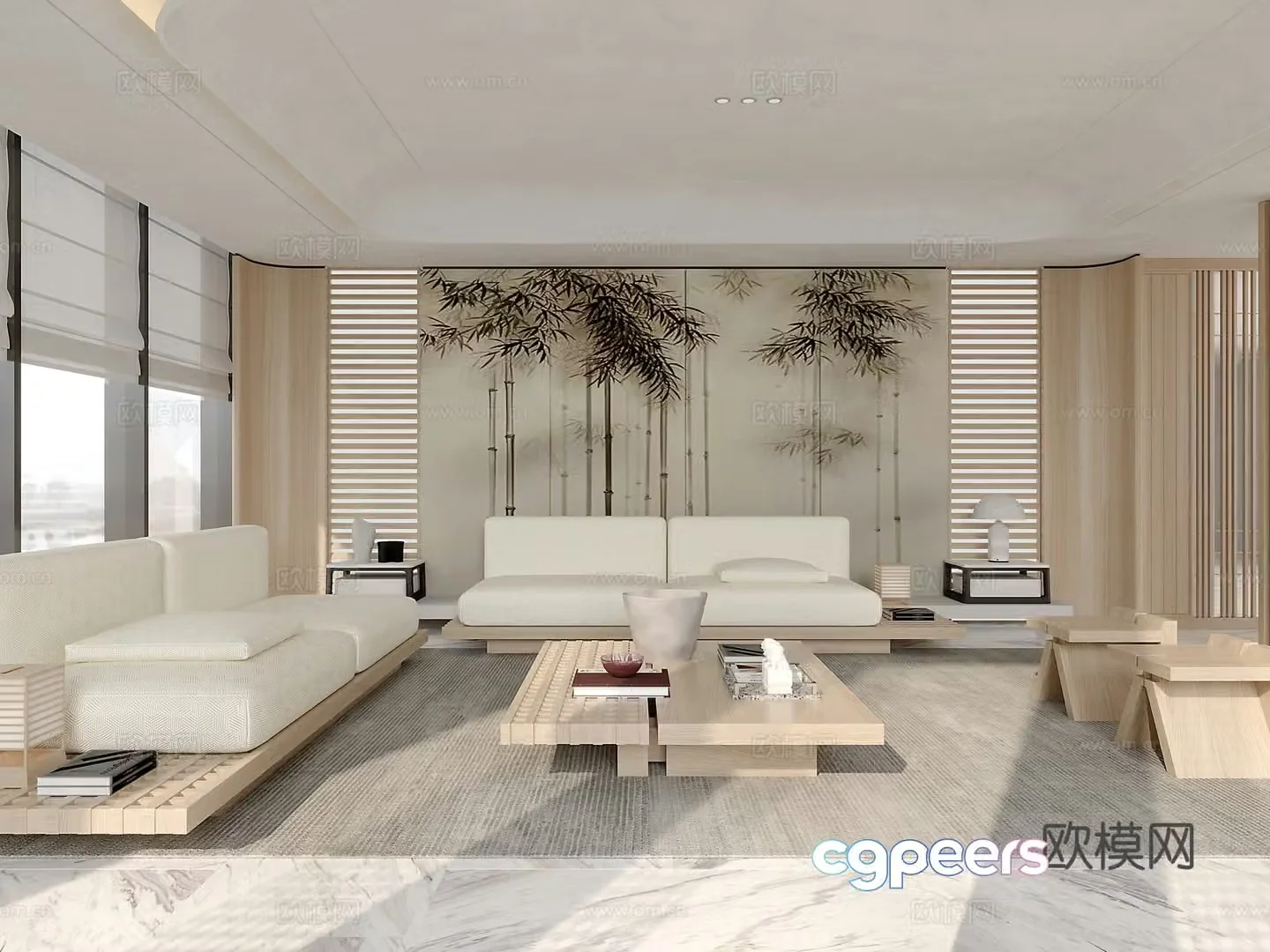 New Chinese style living room New Chinese style sofa Log wood outdoor sofa Stool coffee table Tofu block sofa 3D model