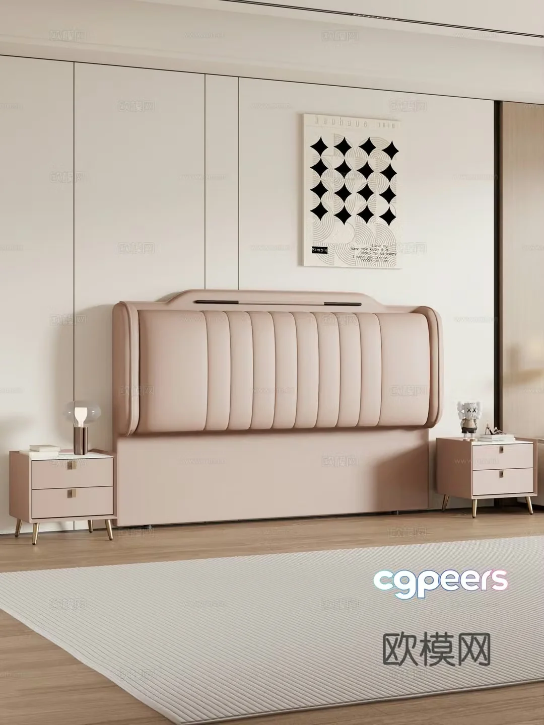 Modern bedroom Bedside double bed nightstand 3d model