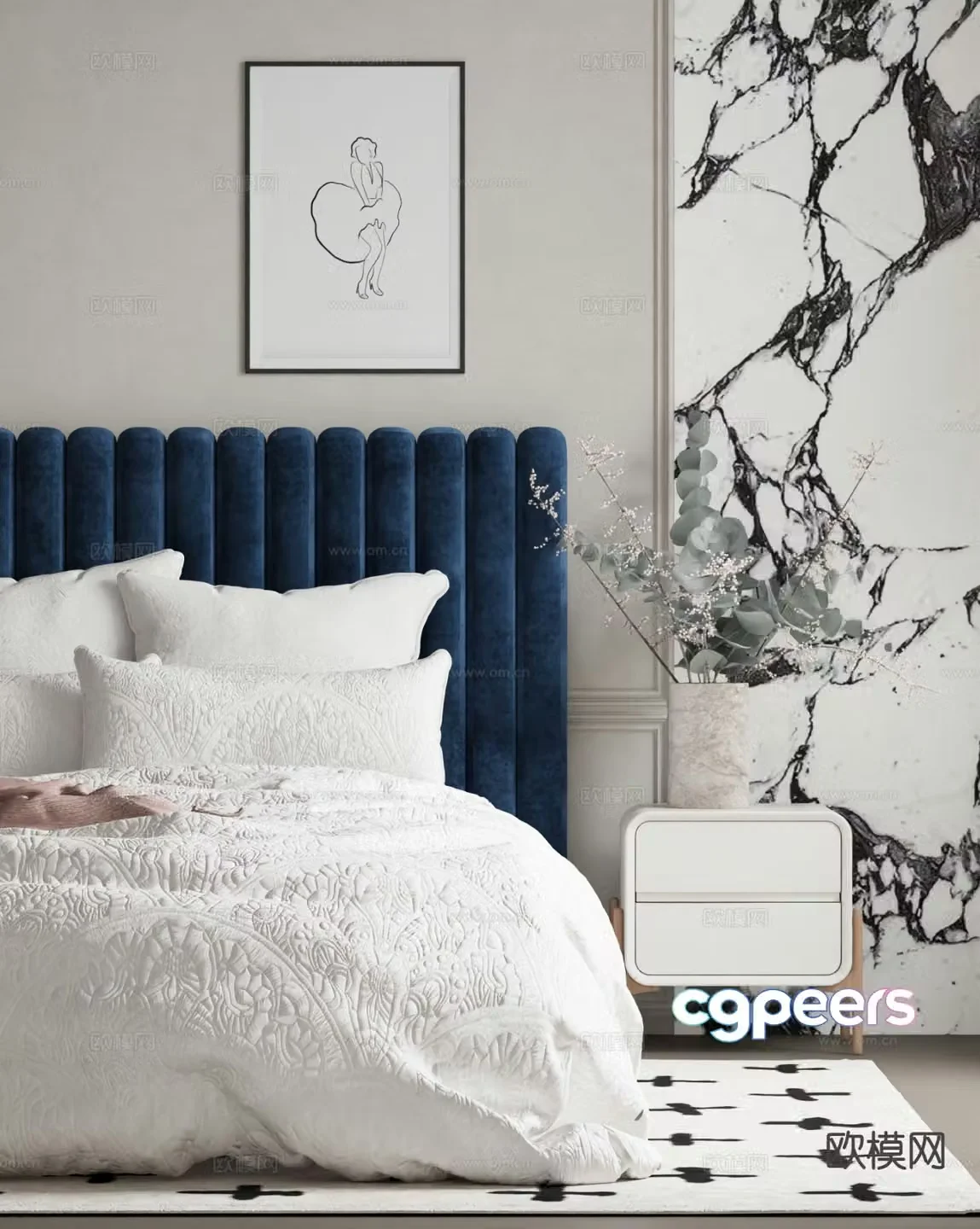 Modern bedside table realistic bedding 3d model