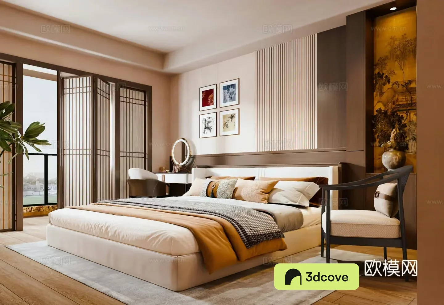 New Chinese style bedroom screen partition background wall double bed makeup table