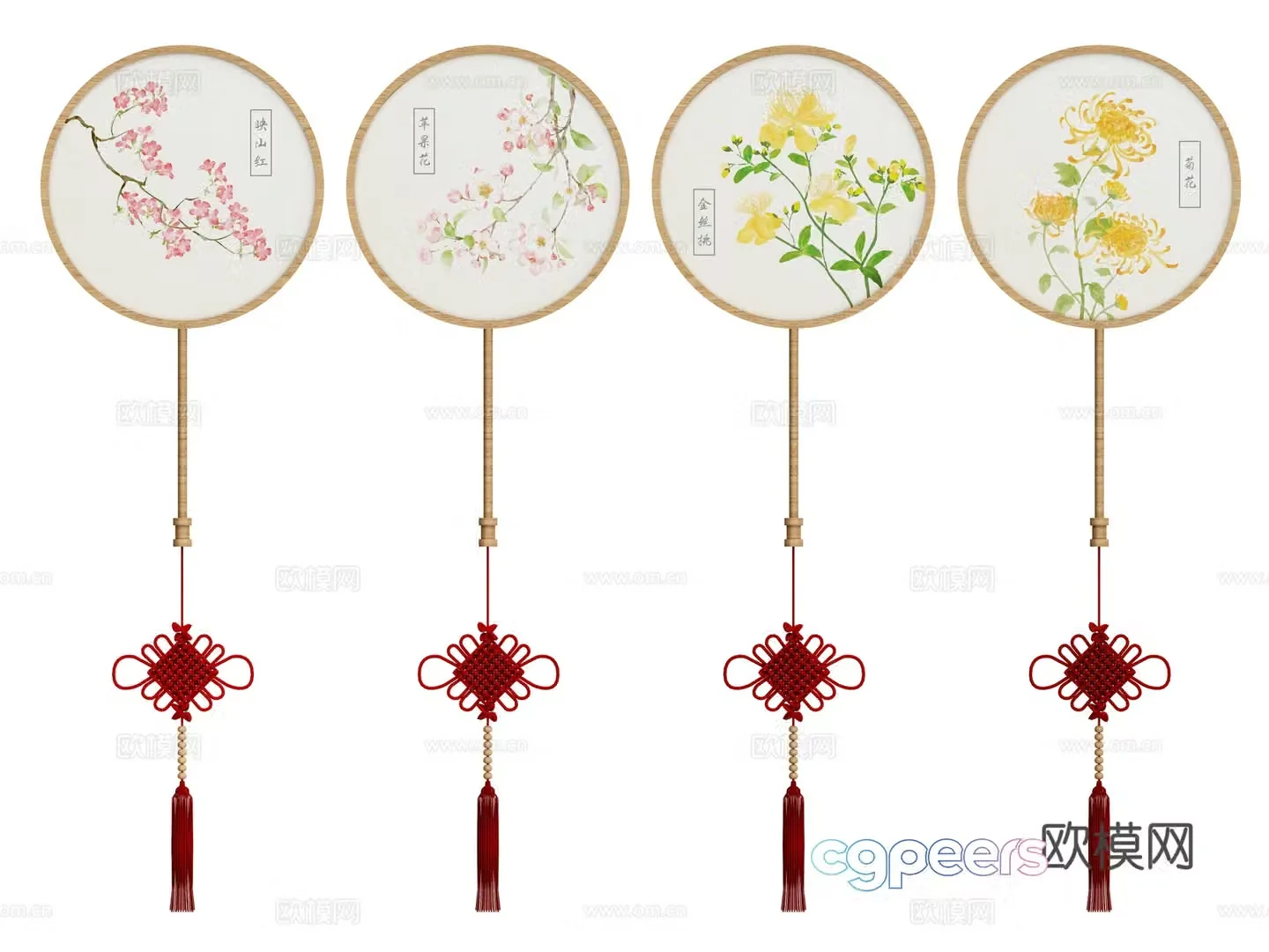 New Chinese style palace fan folding fan silk cloth small ball fan long-handled ancient fan futon fan fan wall 3D model