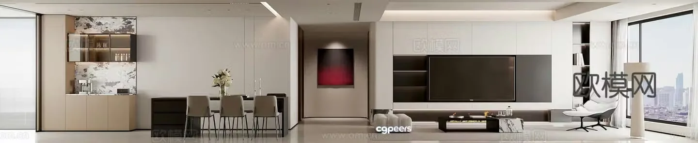 Modern minimalist living and dining room 3D model