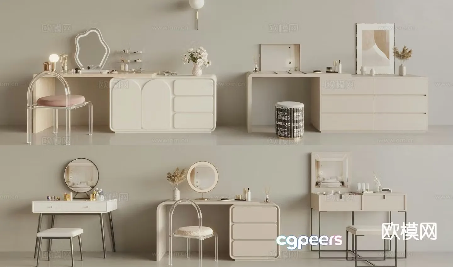 Cream style dressing table makeup table makeup stool makeup table 3D model