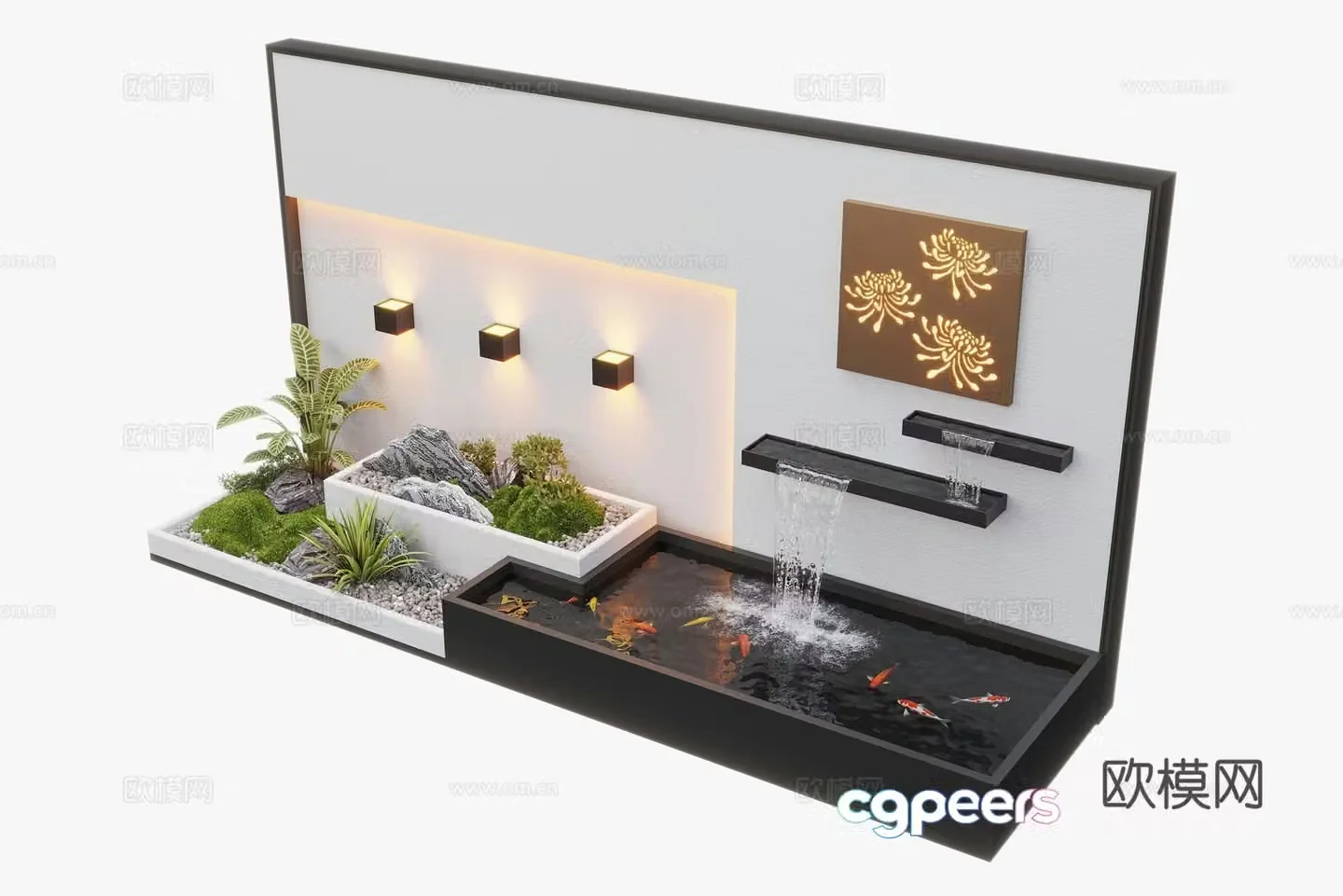 Modern courtyard waterscape waterscape wall stacked water landscape plants fish pond 3d model