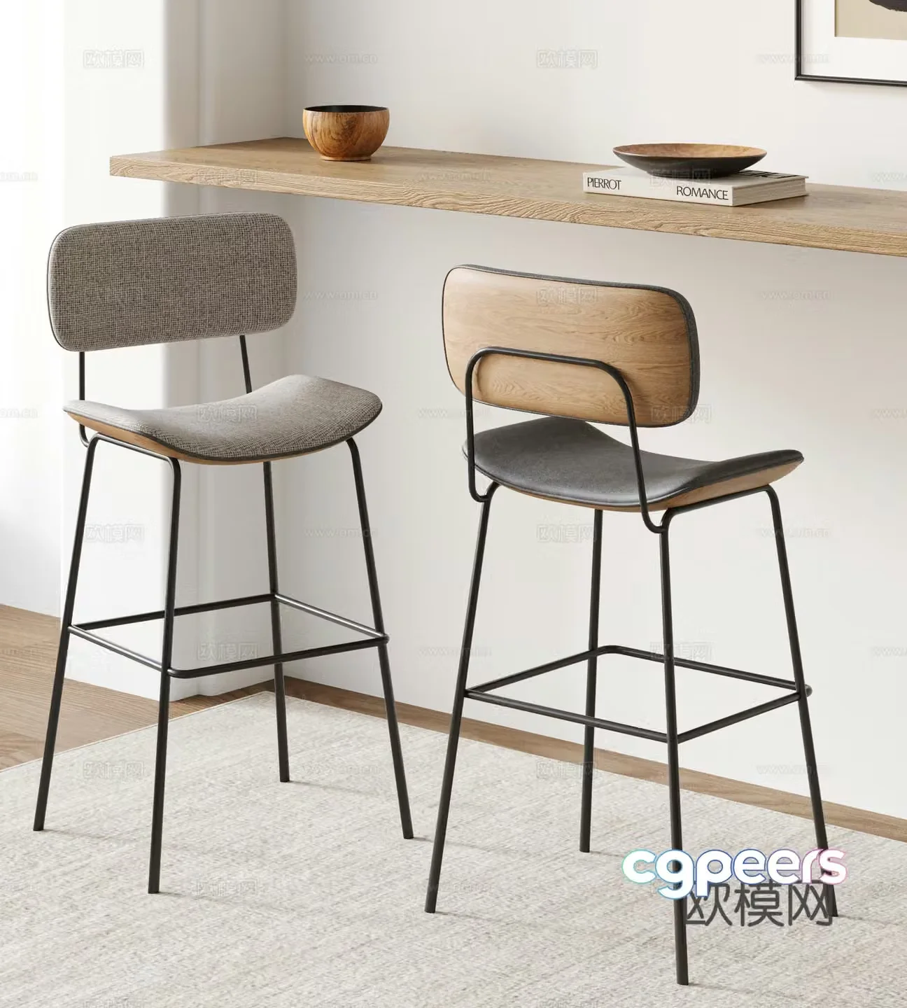 Modern bar chair combination solid wood bar chair leather bar chair bar stool bar counter bar chair combination 3D model