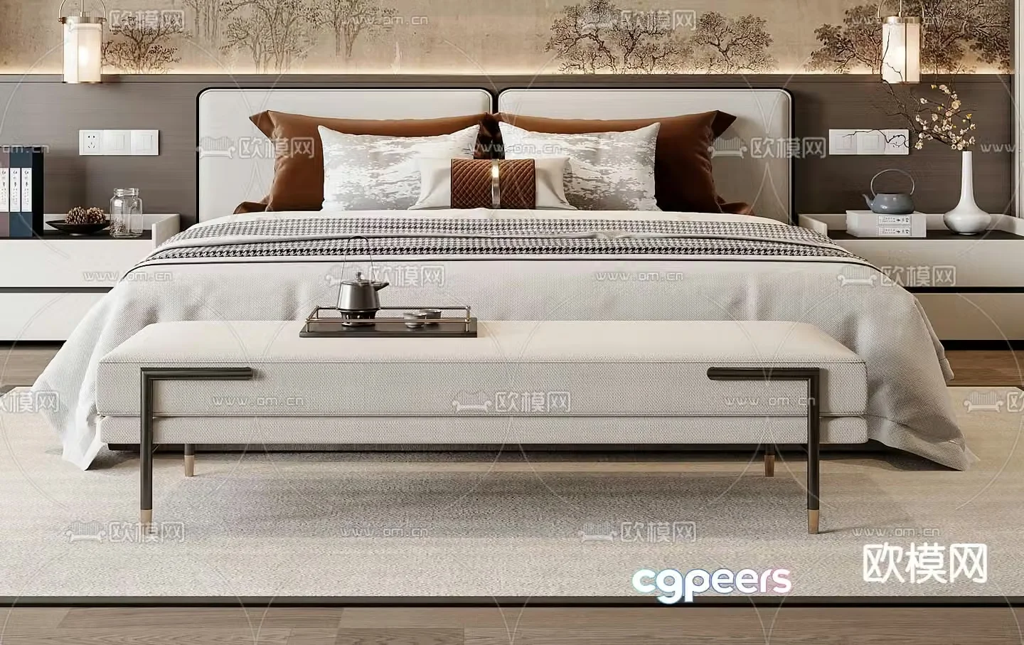 New Chinese style double bed 3d model
