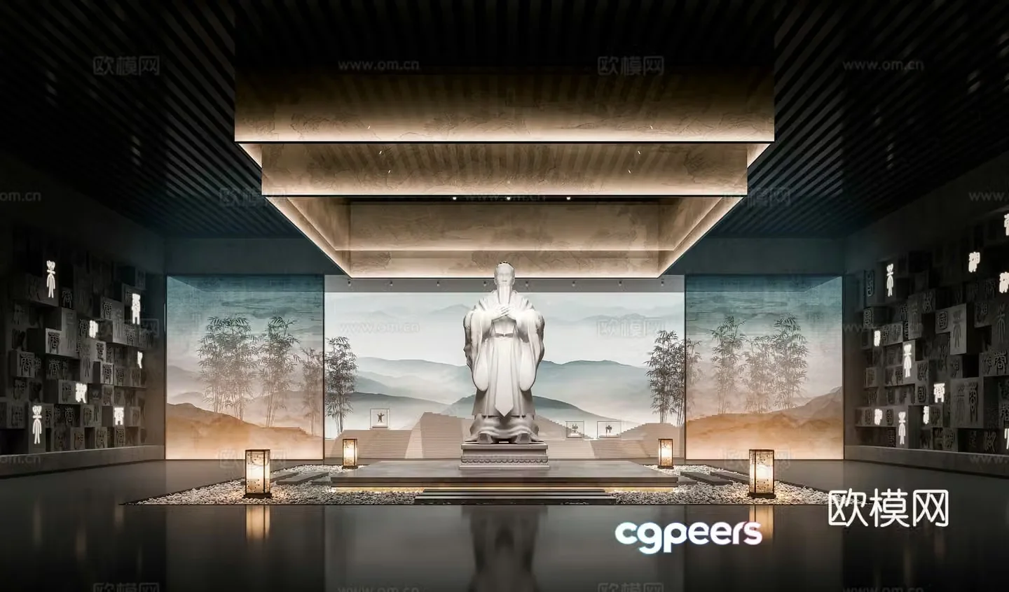 Museum Exhibition Hall People Sculpture Bamboo Mountain Goose Soft Stone 3D Model