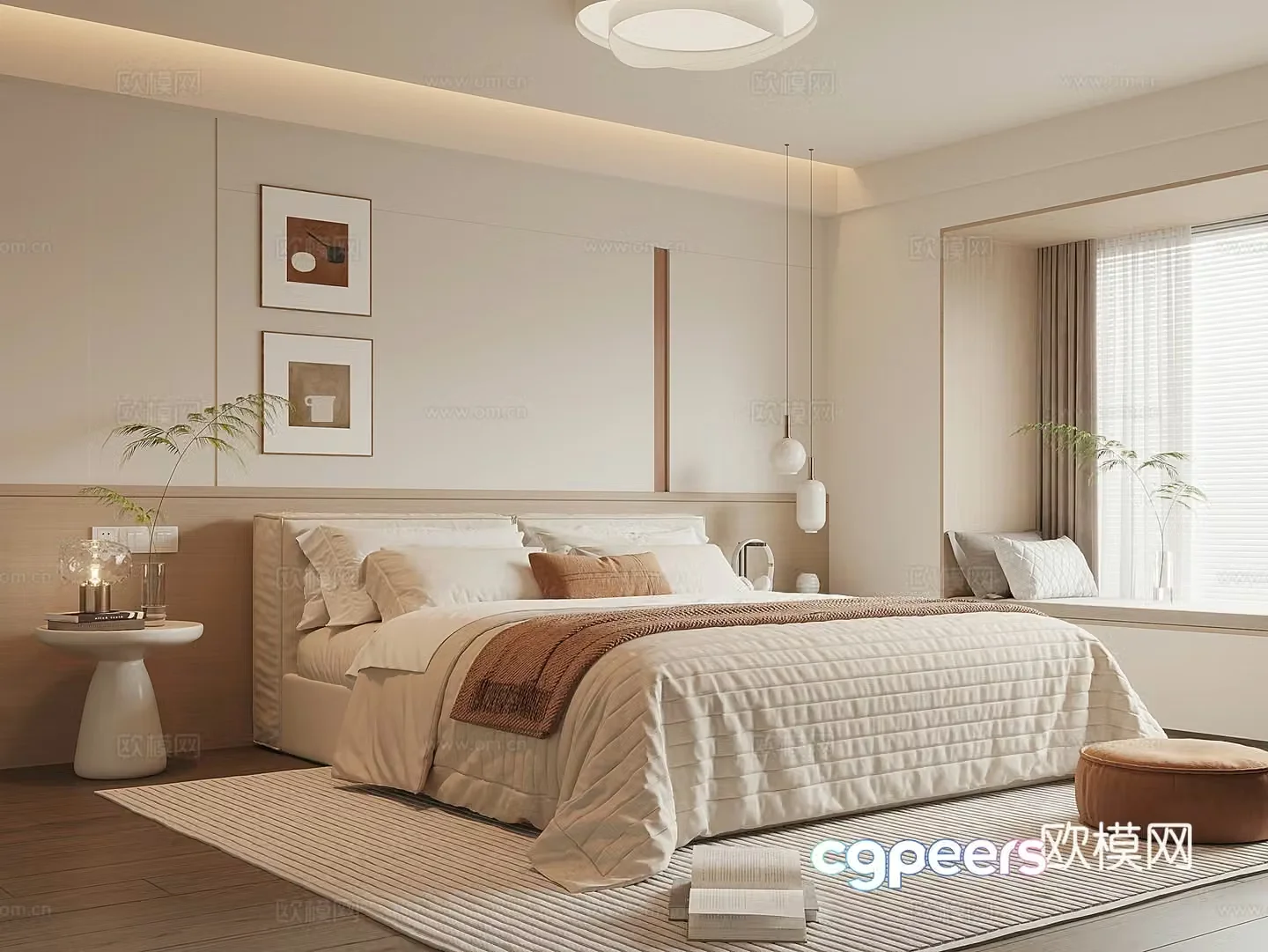 Modern creamy bedroom 3d model
