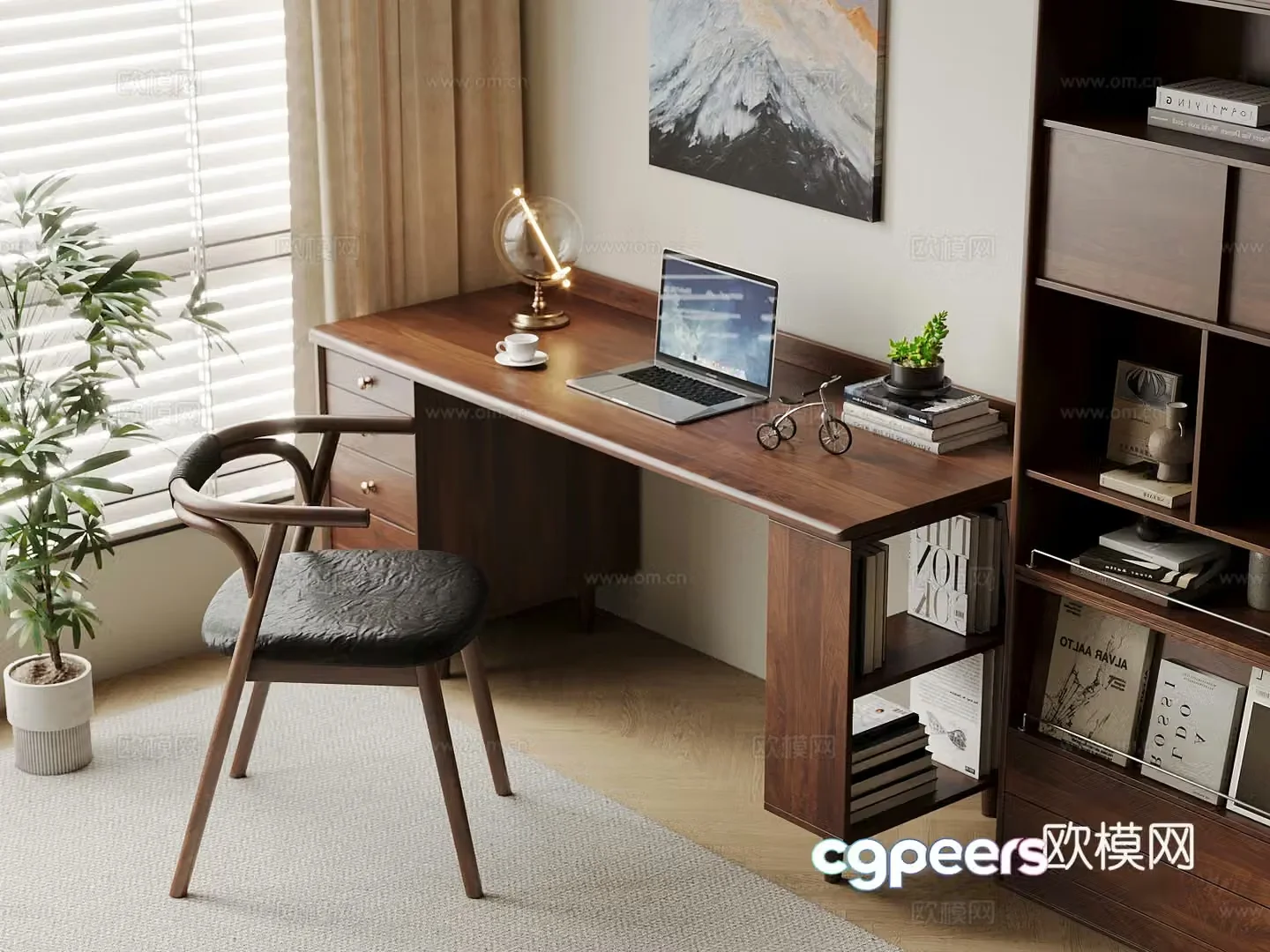 Middle-aged style desk and chair solid wood computer desk and chair writing desk study desk and chair solid wood single chair bookcase 3D model