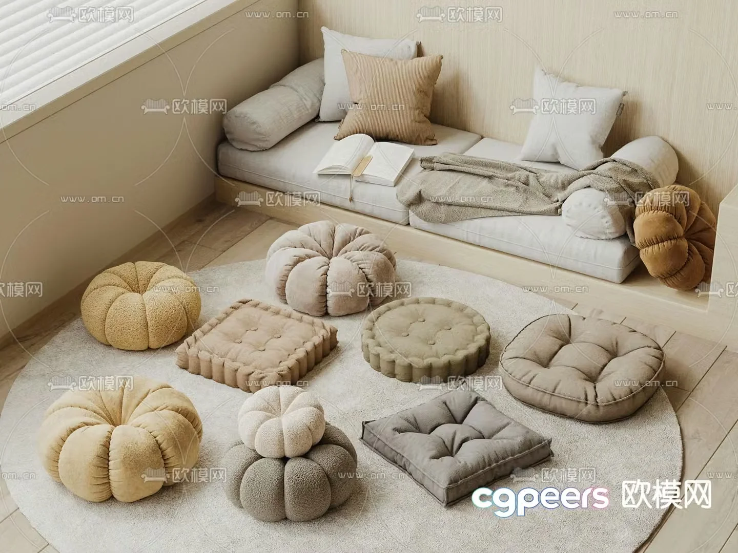 Modern bay window seat cushion 3d model