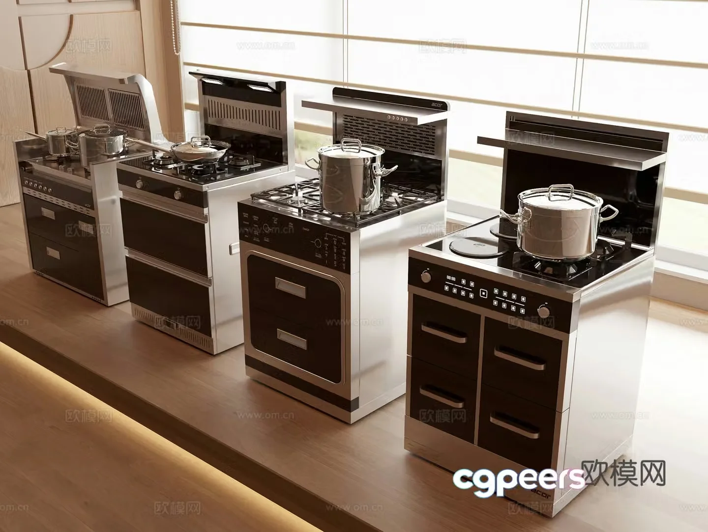 Integrated stove Integrated stove combination Kitchen pots and 3D model of kitchen appliances